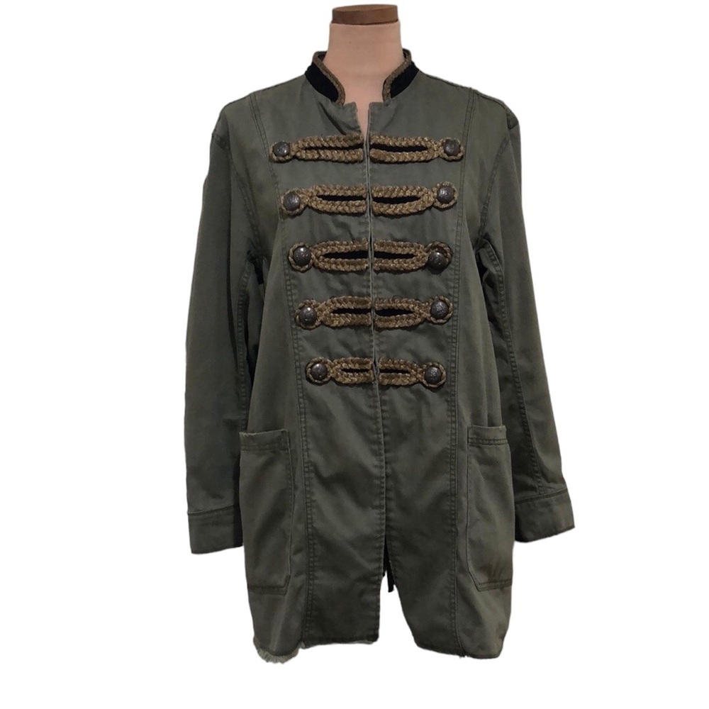Free People Passenger Military Jacket Size Medium Moss Green Gold Braided Accent